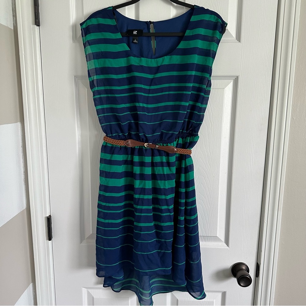 Junior’s Striped Dress with Belt - Navy/Green - Medium